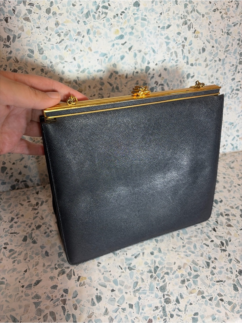 Bienen Davis Vintage Black Leather Frame Bag Gold Chain Shoulder Purse - Picture 6 of 9
